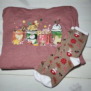 Women's Christmas Coffee Latte Candy Cane Mauve Pink V-Neck Top Sock Set.